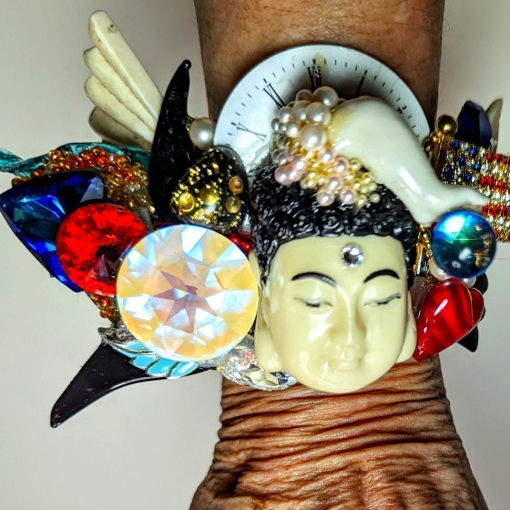 Wendy Gell Wristy Mother of Time.Asian carved Face Time Piece, Arm Magic Marble